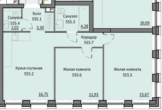 2 комн. квартира, 56.5 м², 2 этаж 