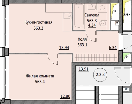 1 комн. квартира, 38.2 м², 2 этаж 