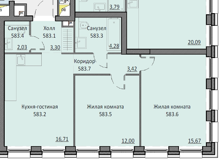 2 комн. квартира, 56.5 м², 6 этаж 