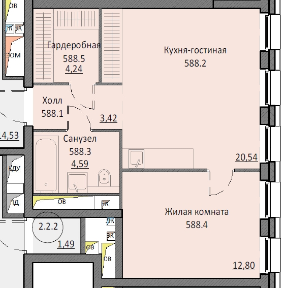 1 комн. квартира, 45.6 м², 14 этаж 