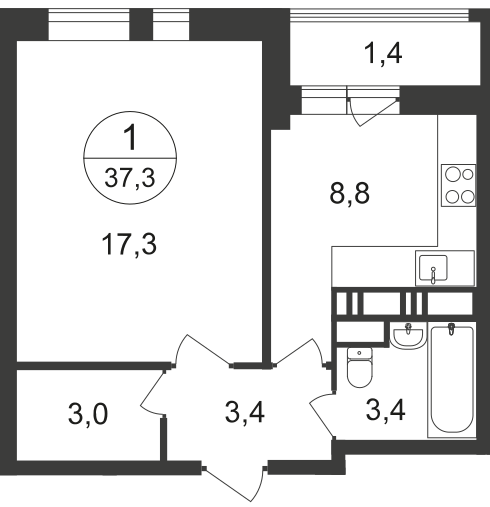 1 комн. квартира, 37.3 м², 10 этаж  (из 20)