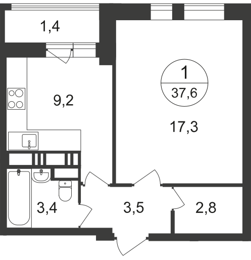 1 комн. квартира, 37.6 м², 14 этаж  (из 20)