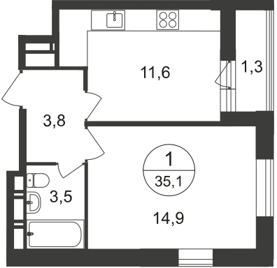 1 комн. квартира, 35.1 м², 17 этаж  (из 20)