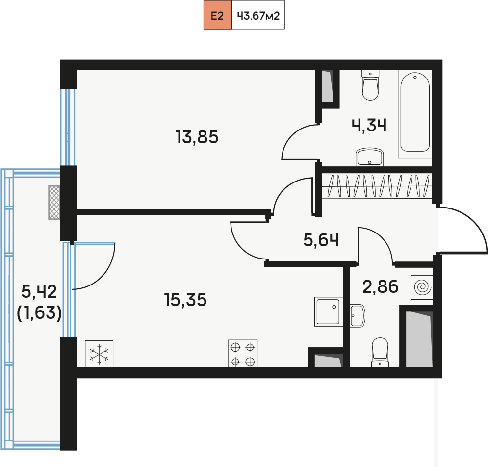 1 комн. квартира, 43.7 м², 8 этаж  (из 9)
