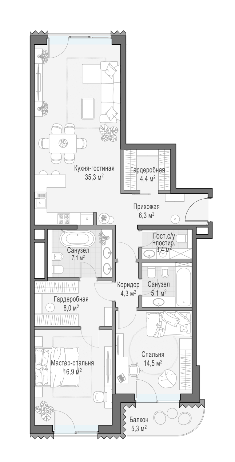 2 комн. квартира, 107 м², 4 этаж  (из 8)