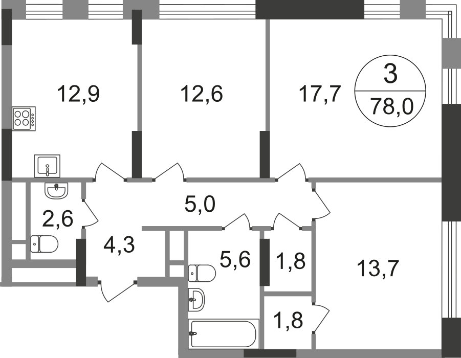 3 комн. квартира, 78 м², 6 этаж  (из 17)