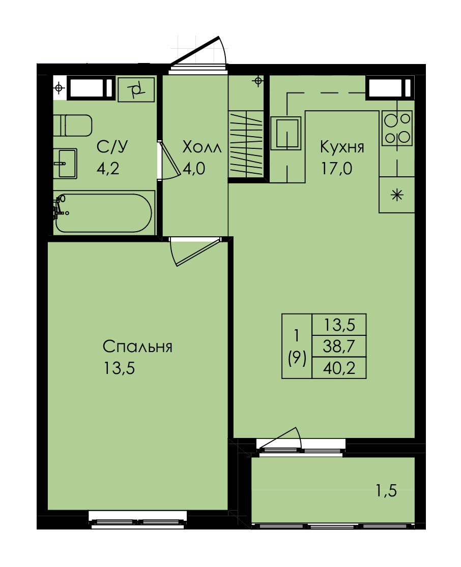 1 комн. квартира, 40.2 м², 6 этаж 