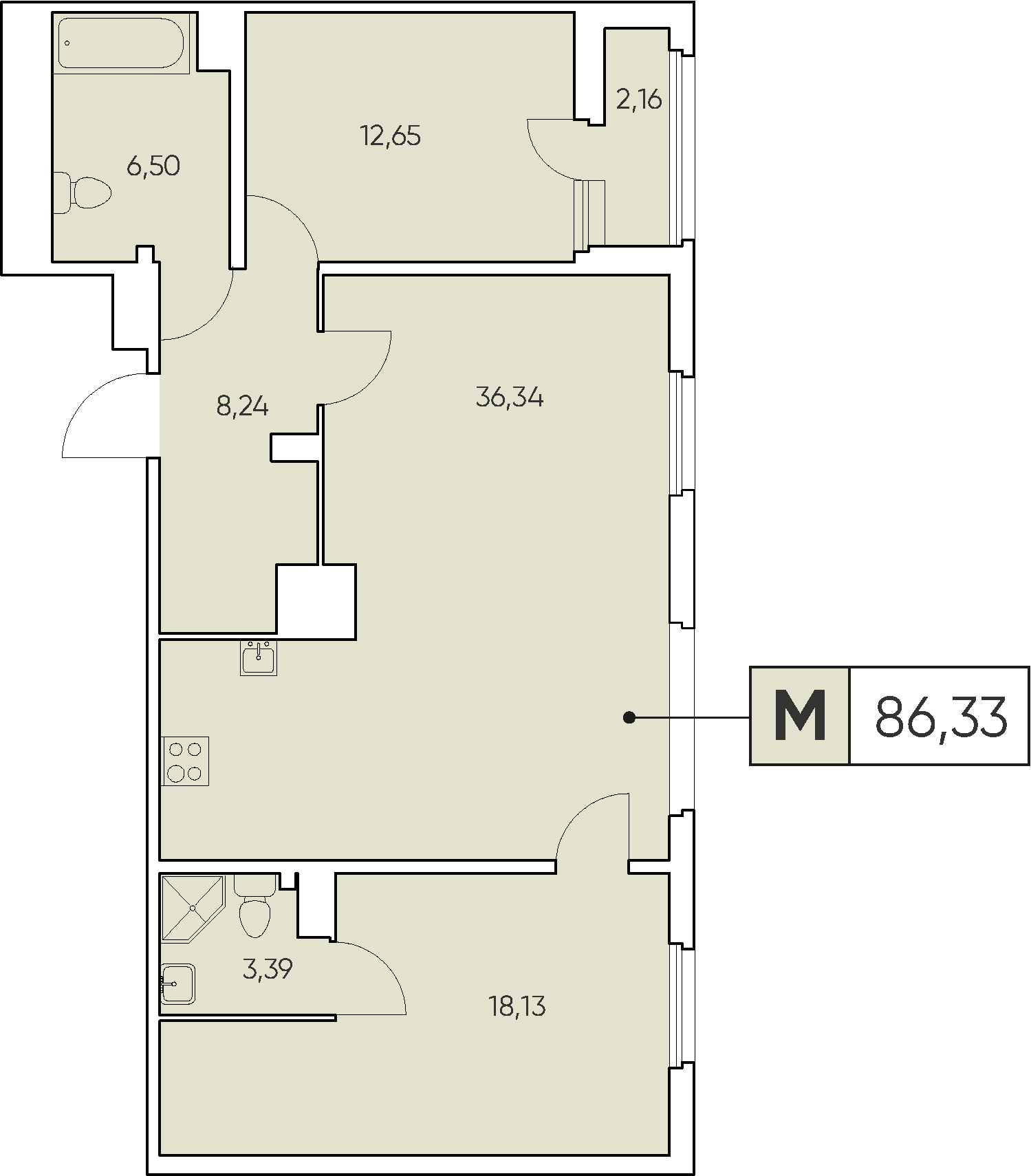 2 комн. квартира, 86.4 м², 9 этаж 