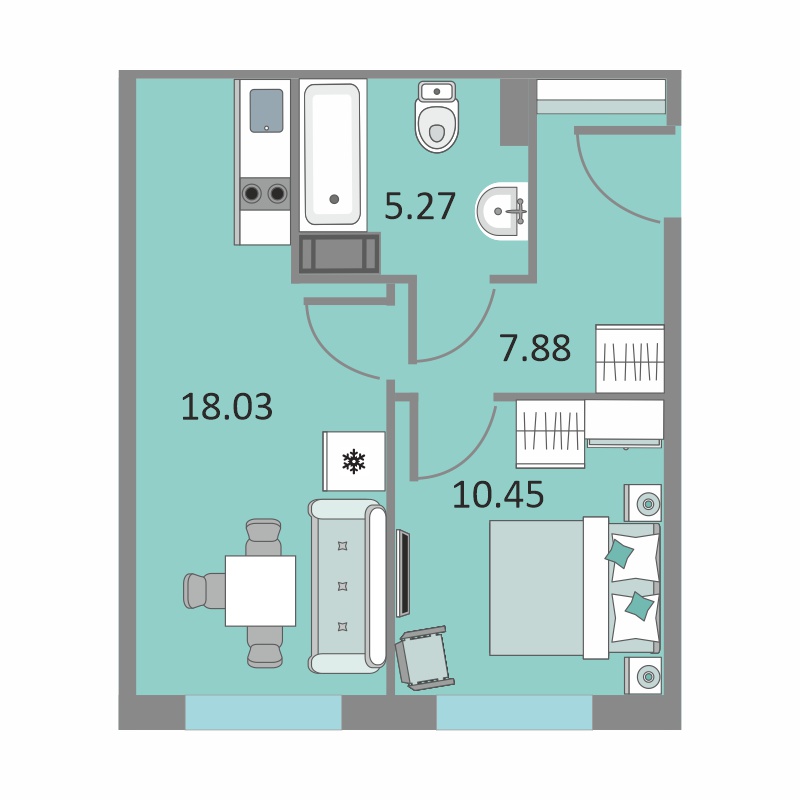 1 комн. квартира, 41.3 м², 3 этаж 