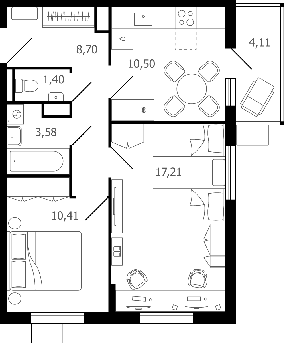 2 комн. квартира, 53 м², 2 этаж 