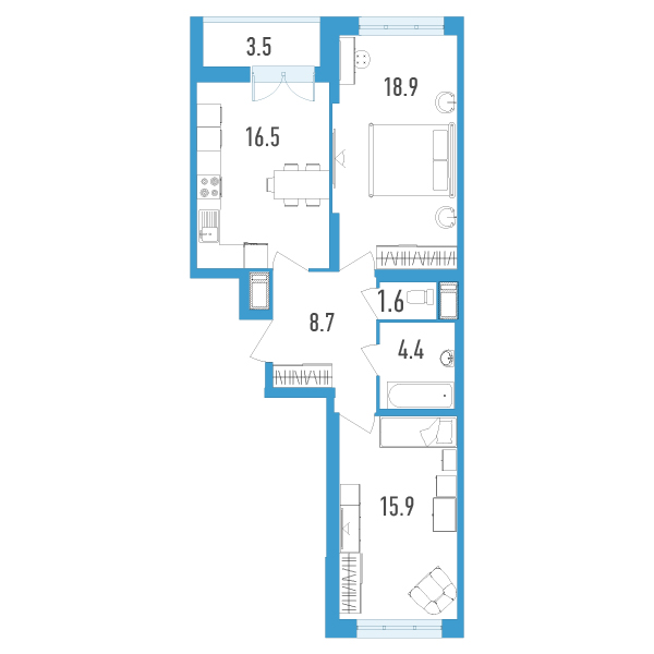 2 комн. квартира, 67.8 м², 7 этаж 