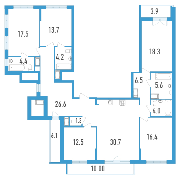 4 комн. квартира, 169.8 м², 17 этаж 