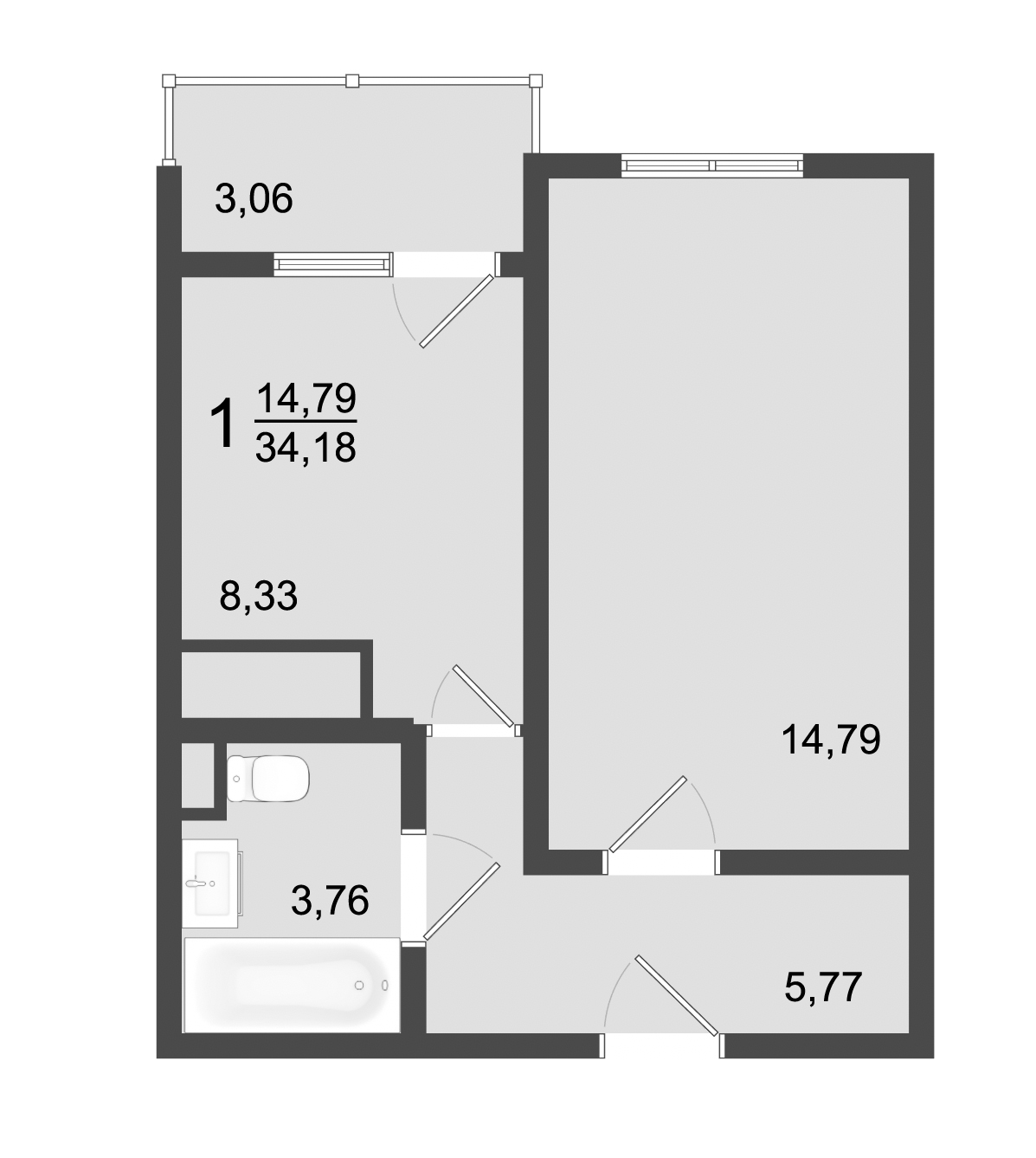1 комн. квартира, 34.2 м², 3 этаж 