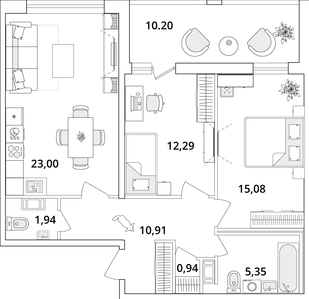 2 комн. квартира, 74.6 м², 8 этаж 