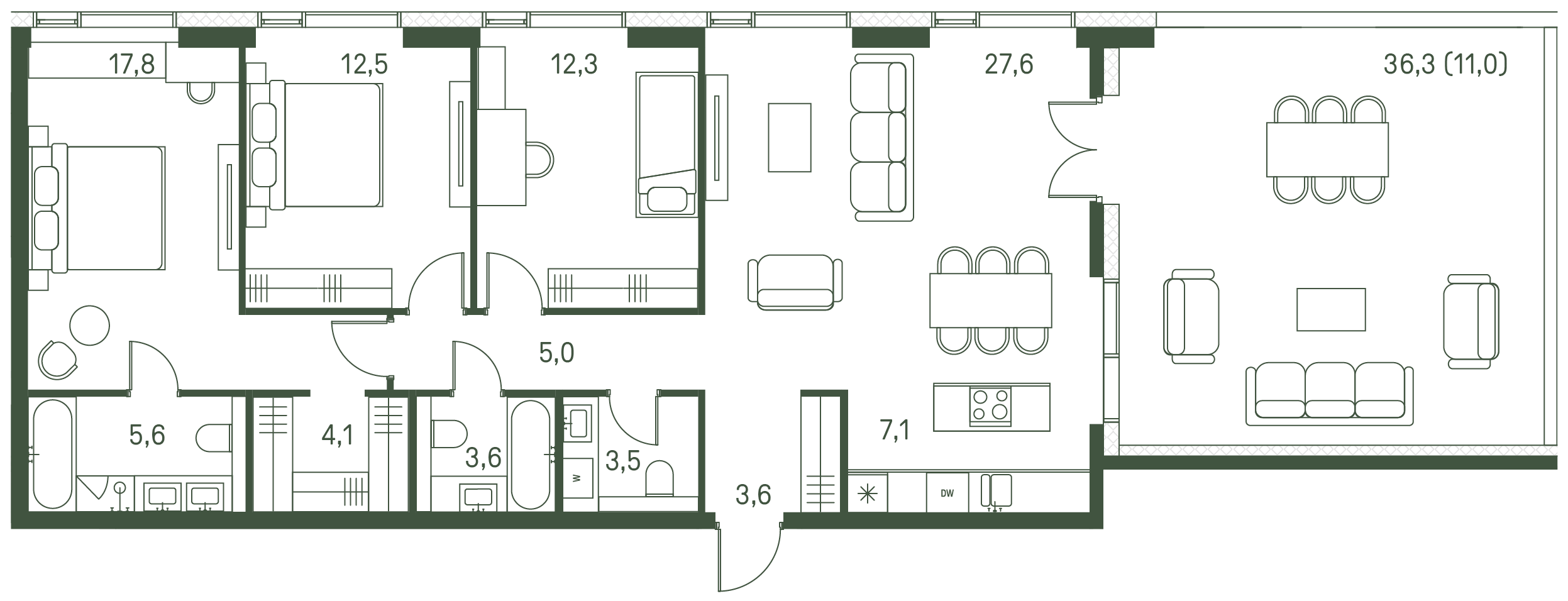 4 комн. квартира, 113.7 м², 30 этаж 