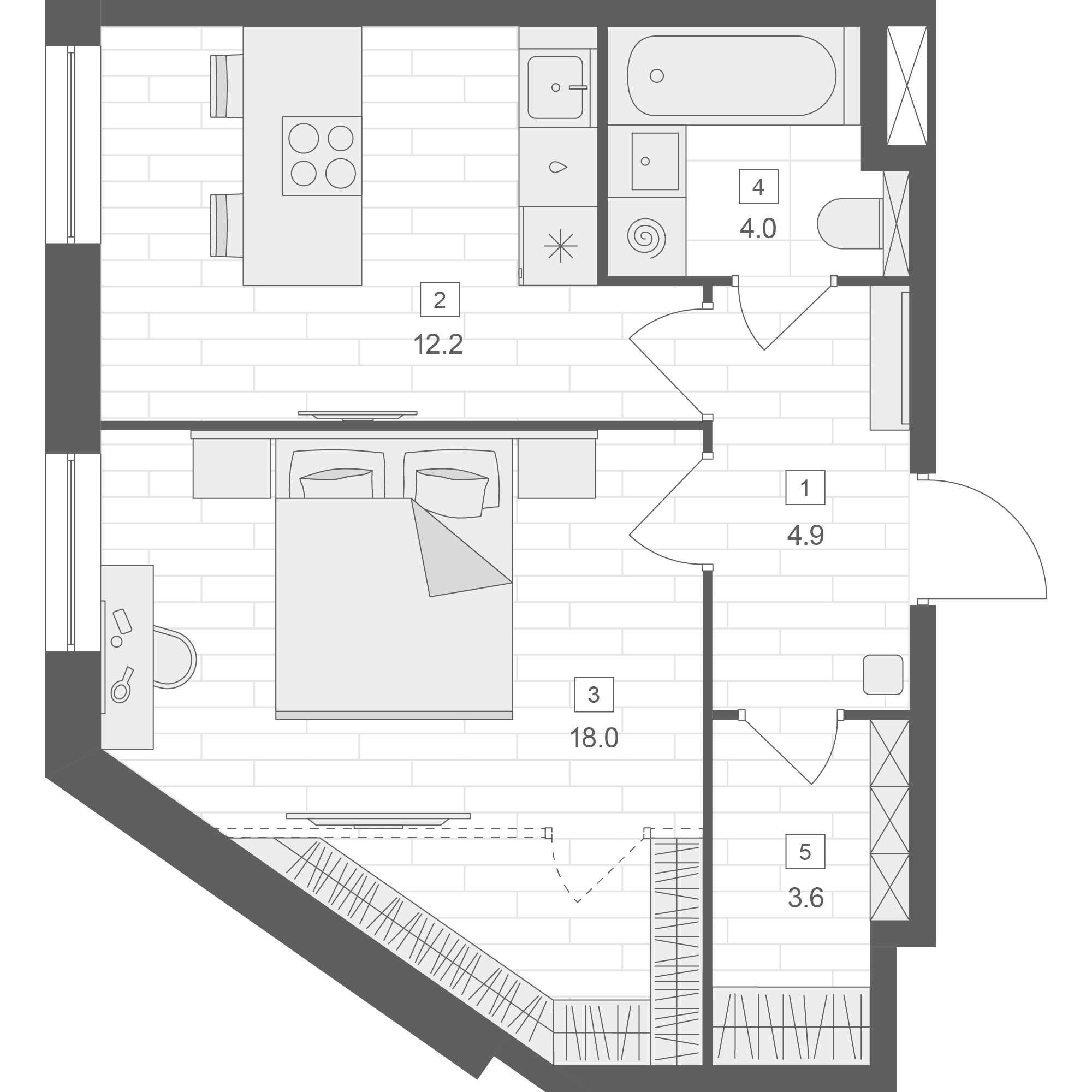 1 комн. квартира, 42.6 м², 2 этаж 