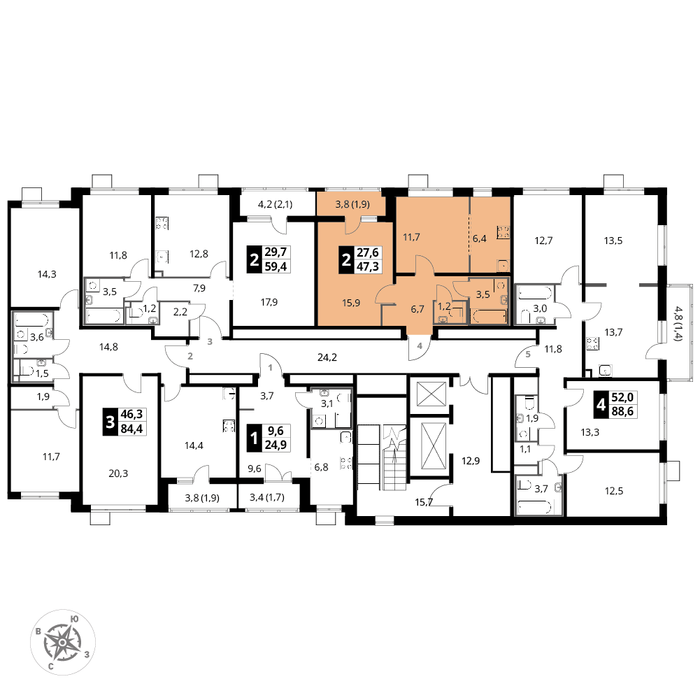 2 комн. квартира, 47.4 м², 24 этаж 