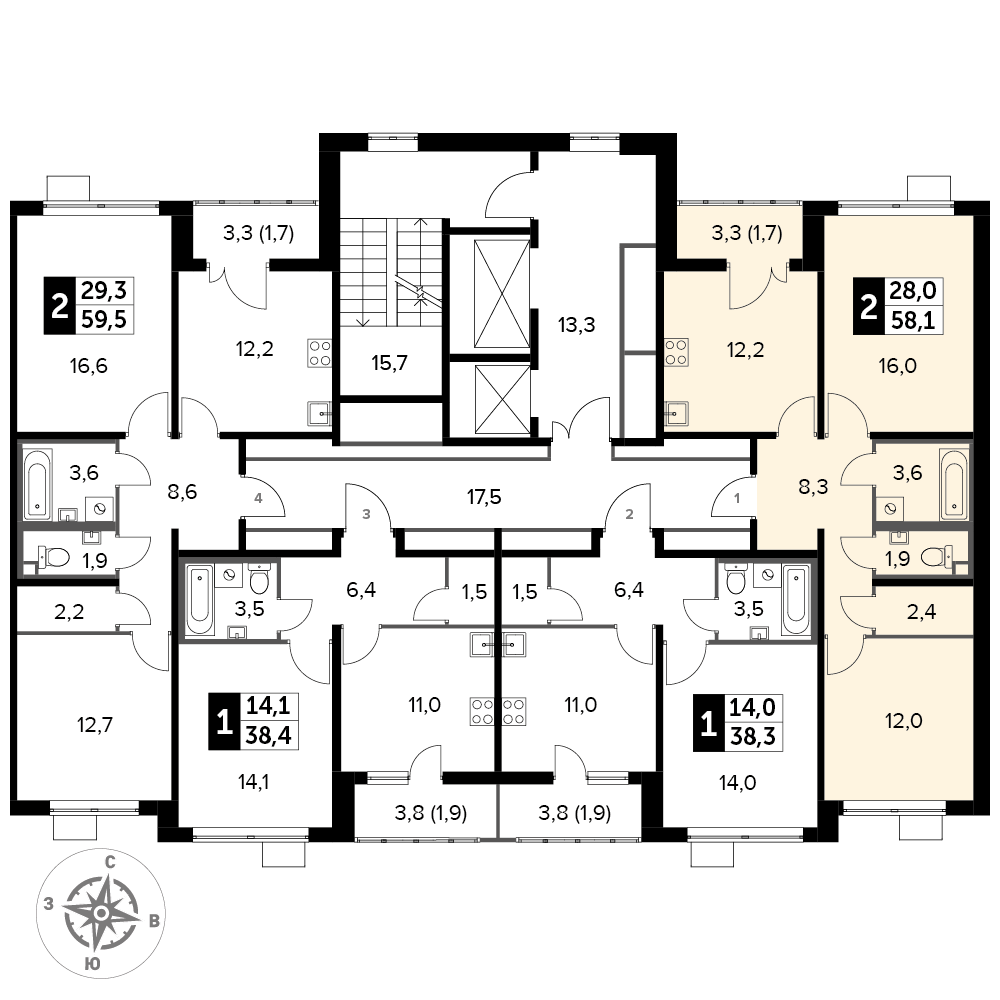 2 комн. квартира, 58.1 м², 16 этаж 
