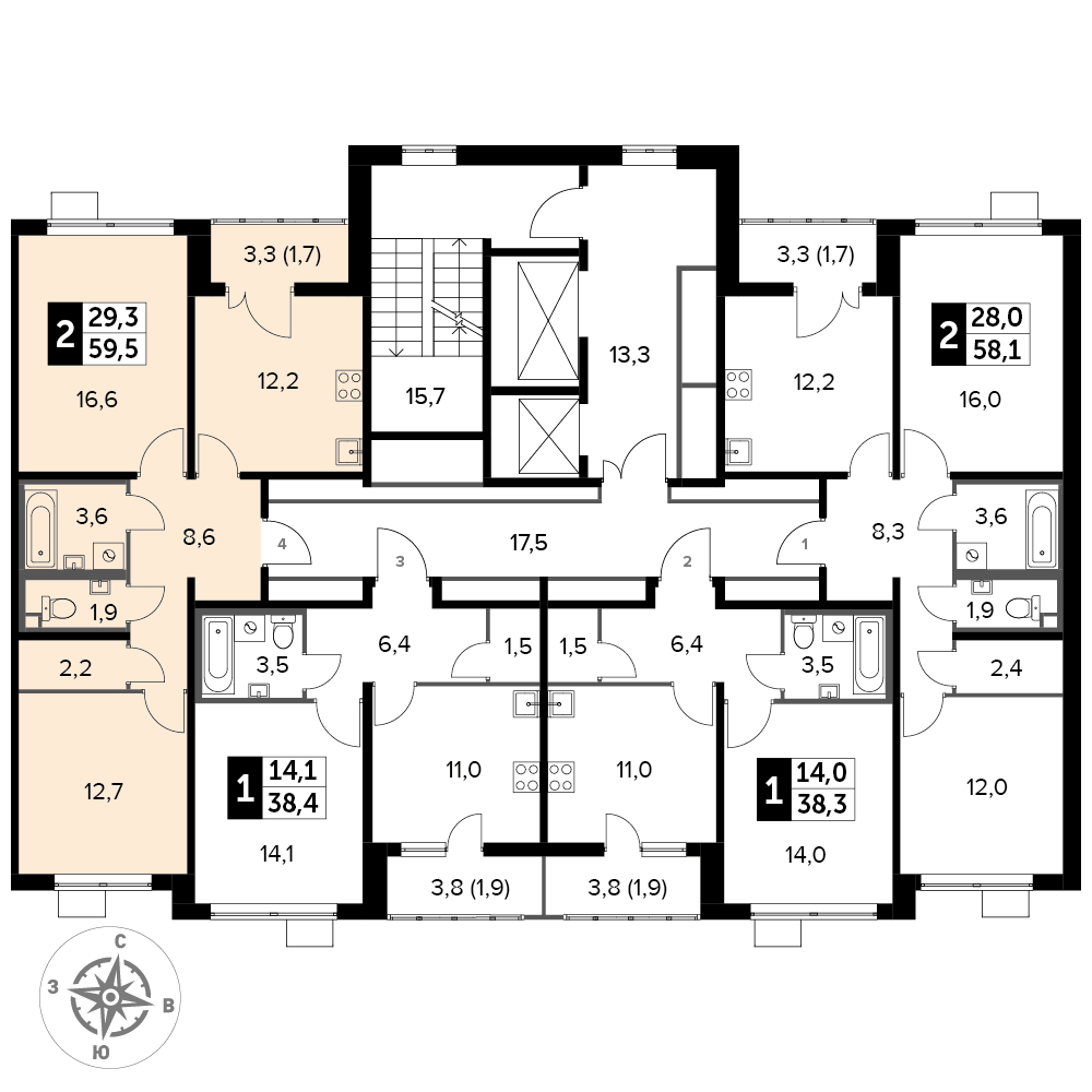 2 комн. квартира, 59.5 м², 16 этаж 