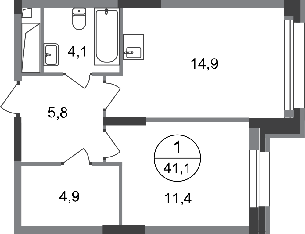 1 комн. квартира, 41.1 м², 20 этаж  (из 20)