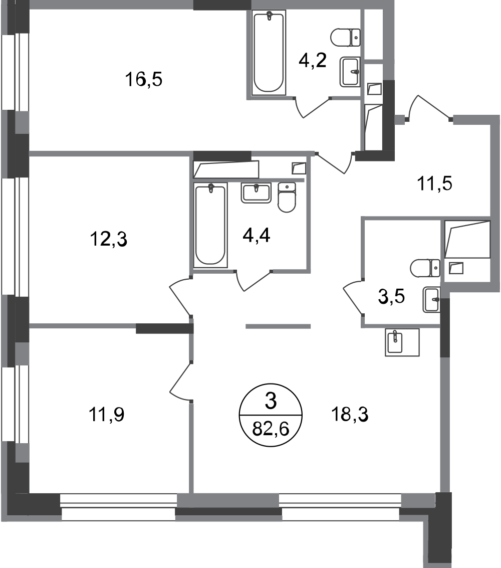 3 комн. квартира, 82.6 м², 20 этаж  (из 20)