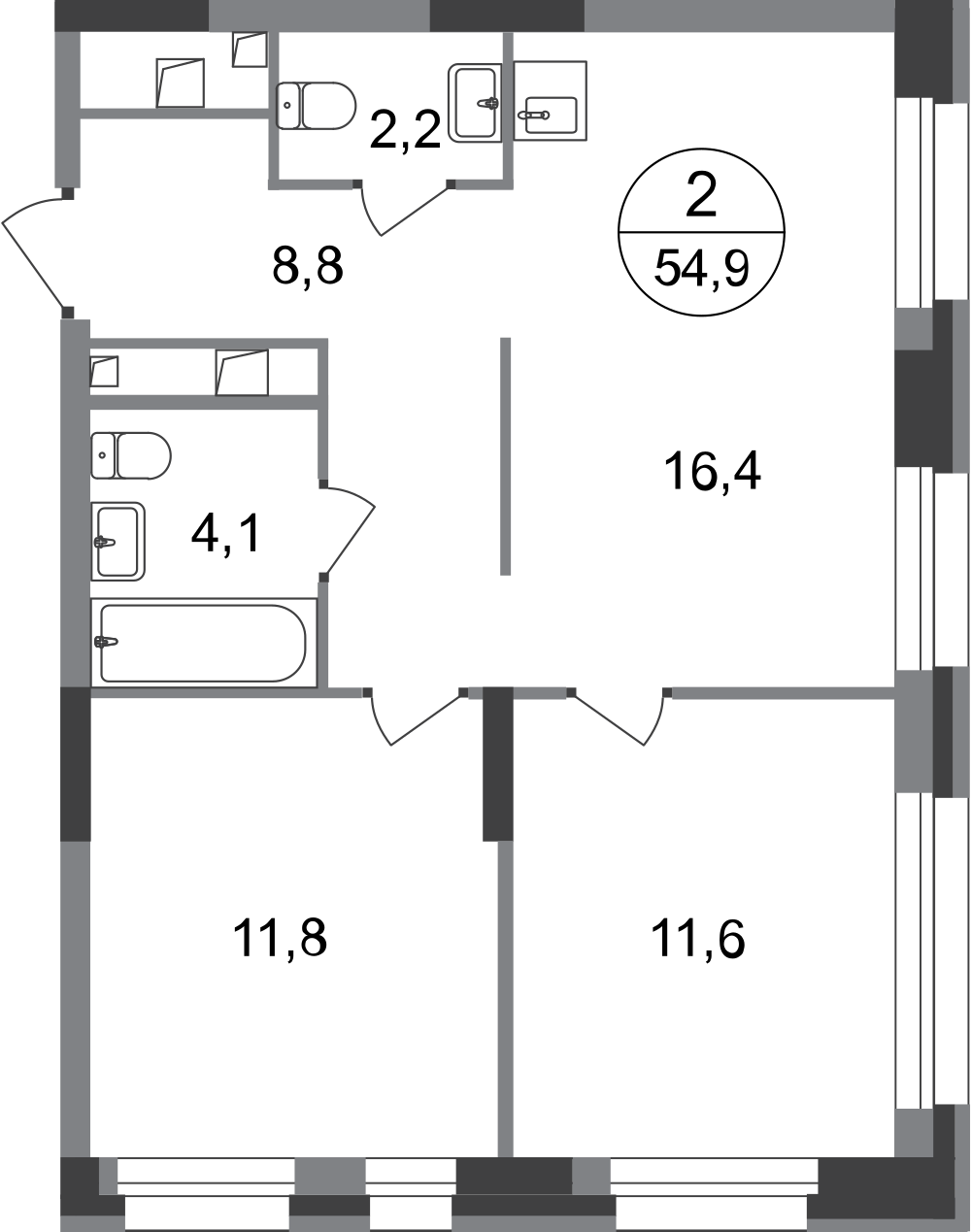 2 комн. квартира, 54.9 м², 17 этаж  (из 20)