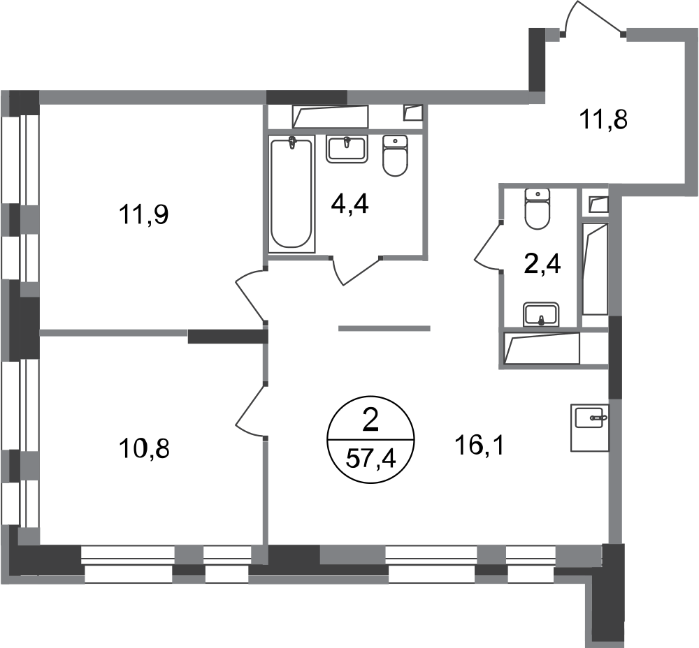 2 комн. квартира, 57.4 м², 12 этаж  (из 20)