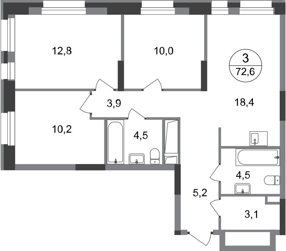 3 комн. квартира, 72.6 м², 16 этаж  (из 20)