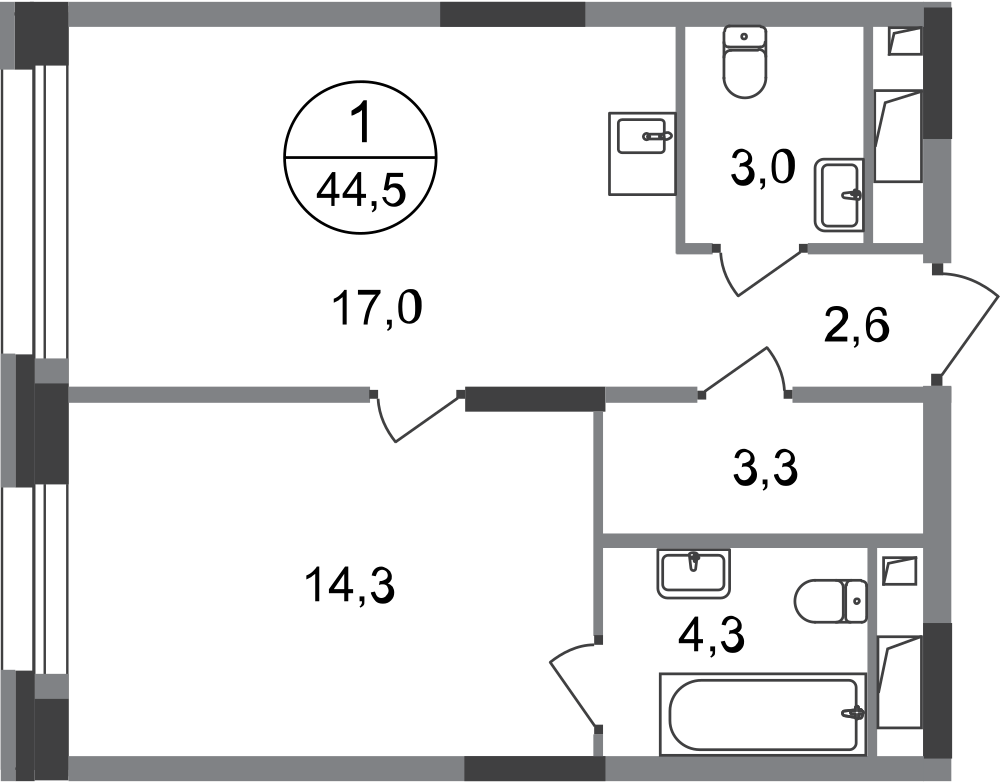 1 комн. квартира, 44.5 м², 17 этаж  (из 20)