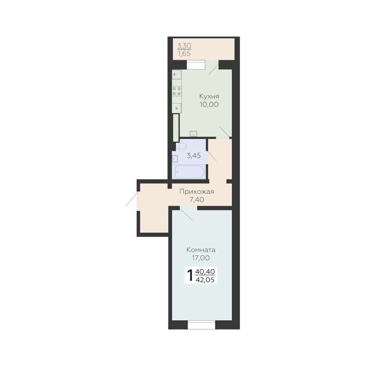 1 комн. квартира, 42 м², 10 этаж 