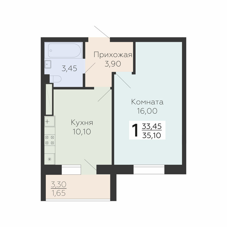 1 комн. квартира, 35.1 м², 3 этаж 