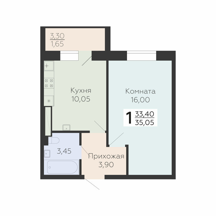1 комн. квартира, 35 м², 10 этаж 