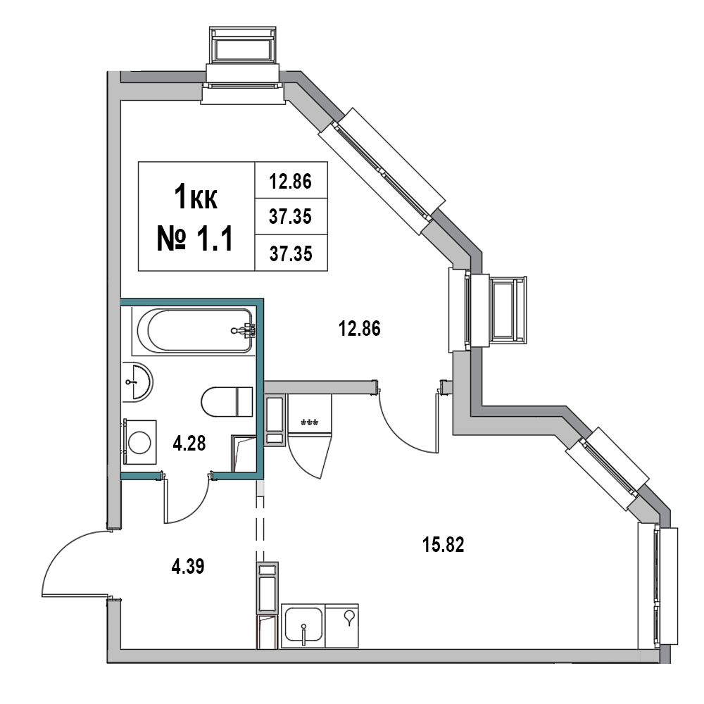 1 комн. квартира, 37.4 м², 1 этаж 
