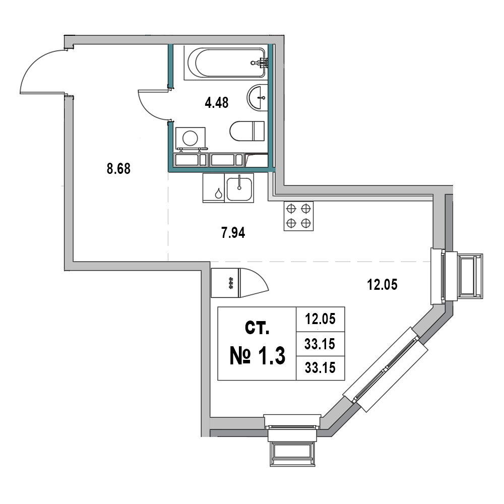 1 комн. квартира, 33.1 м², 1 этаж 