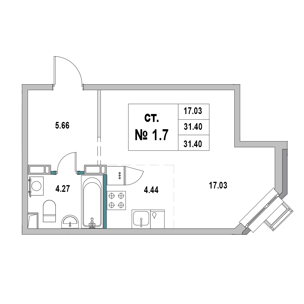 1 комн. квартира, 31.4 м², 1 этаж 
