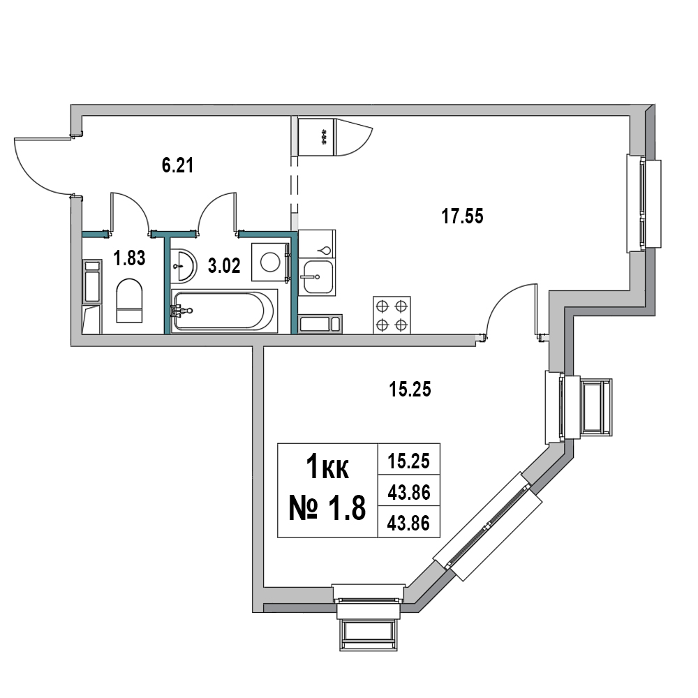 1 комн. квартира, 43.9 м², 1 этаж 