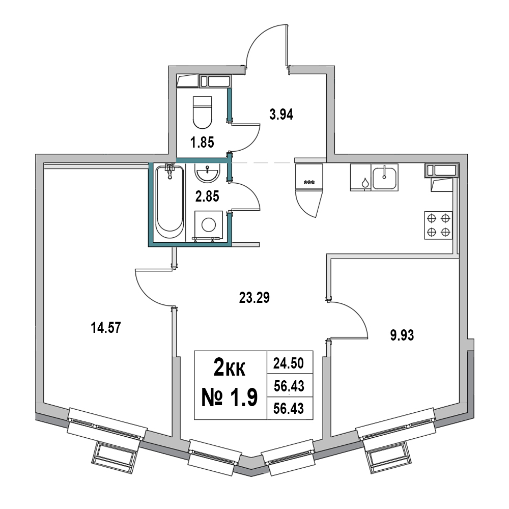 2 комн. квартира, 56.4 м², 1 этаж 