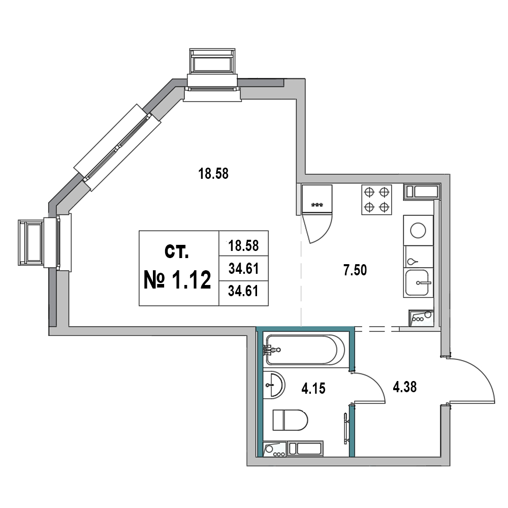 1 комн. квартира, 34.6 м², 1 этаж 