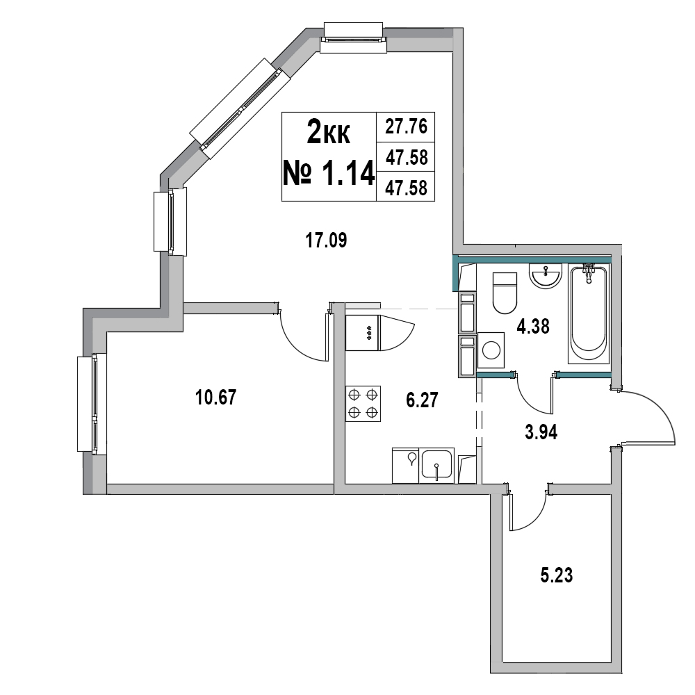 2 комн. квартира, 47.6 м², 1 этаж 