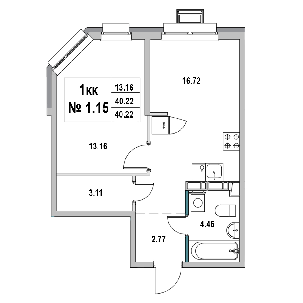 1 комн. квартира, 40.2 м², 1 этаж 
