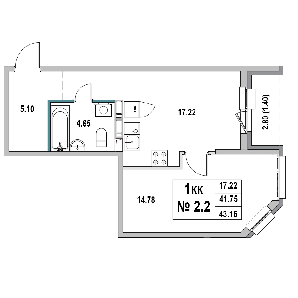 1 комн. квартира, 43.1 м², 2 этаж 
