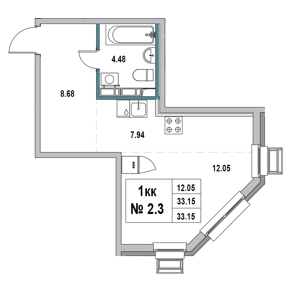 1 комн. квартира, 33.1 м², 2 этаж 