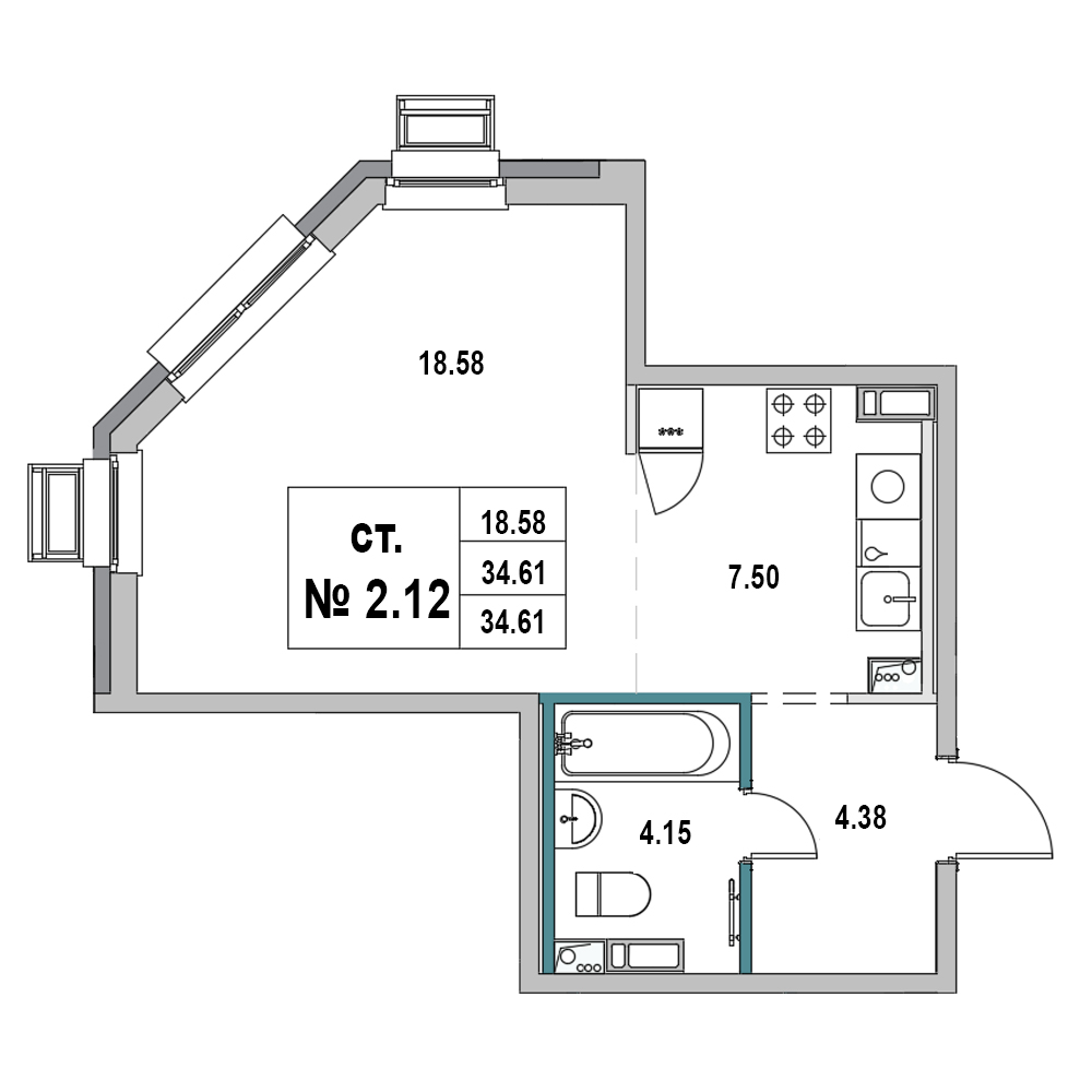 1 комн. квартира, 34.6 м², 2 этаж 