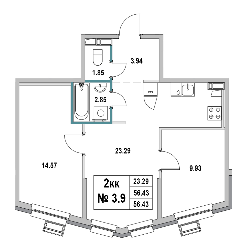 2 комн. квартира, 56.4 м², 3 этаж 