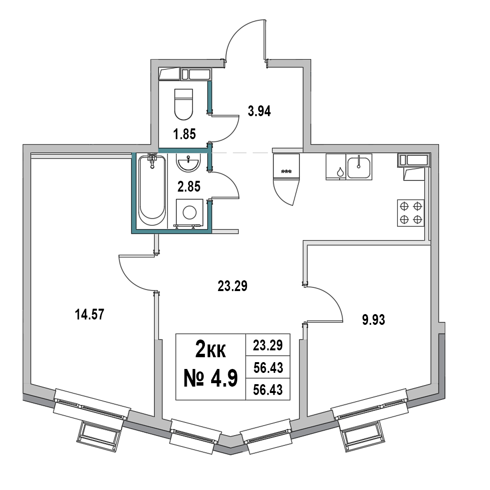 2 комн. квартира, 56.4 м², 4 этаж 