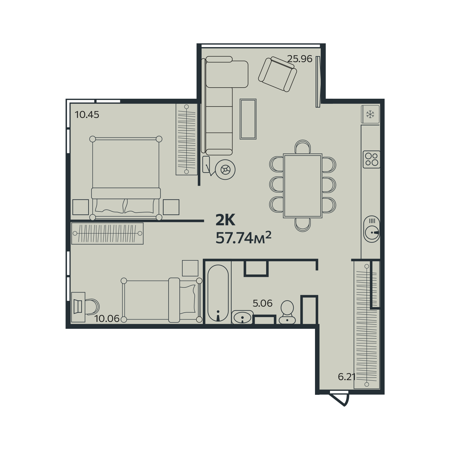 2 комн. квартира, 57.7 м², 5 этаж 