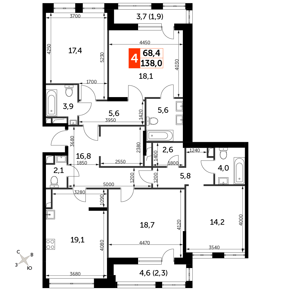 4 комн. квартира, 138 м², 8 этаж 