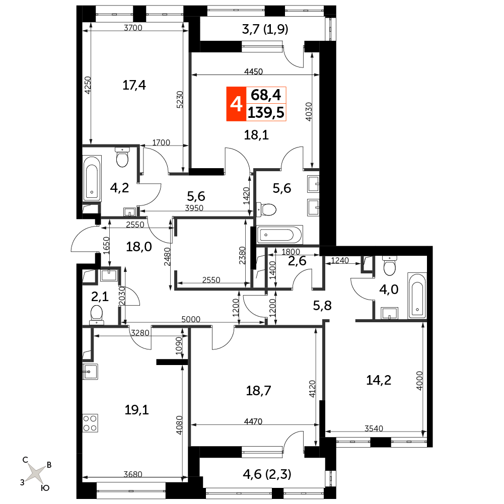 4 комн. квартира, 139.5 м², 11 этаж 