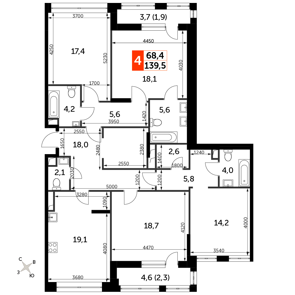 4 комн. квартира, 139.5 м², 10 этаж 