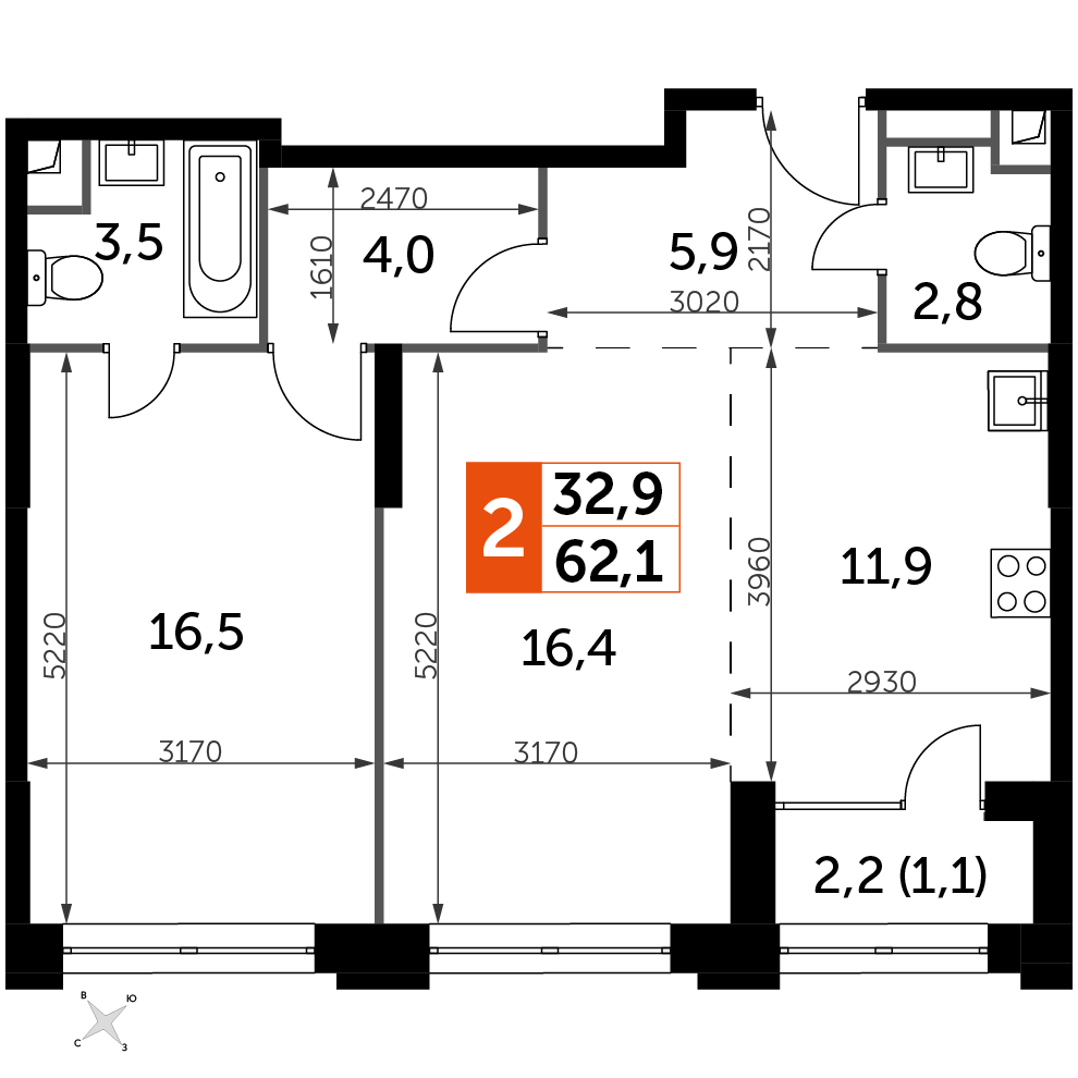 2 комн. квартира, 62.1 м², 22 этаж 